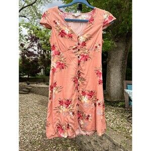 Pink Rose Floral Print Mini Dress Button Up Size S BOHO Women’s Lightweight‎ EUC